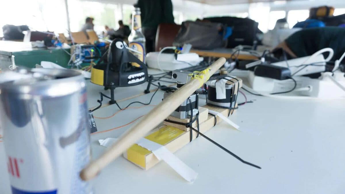 Connected sound robots attached to ship's metal structure for musical performance